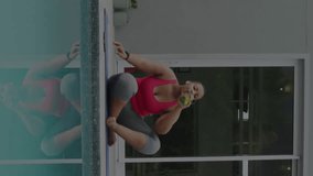 Animation of stock market and diagrams over african american woman practicing yoga. Global business, sport and digital interface concept, digitally generated video. - Powered by Shutterstock - Get 15% off with code: PIKWIZARD15