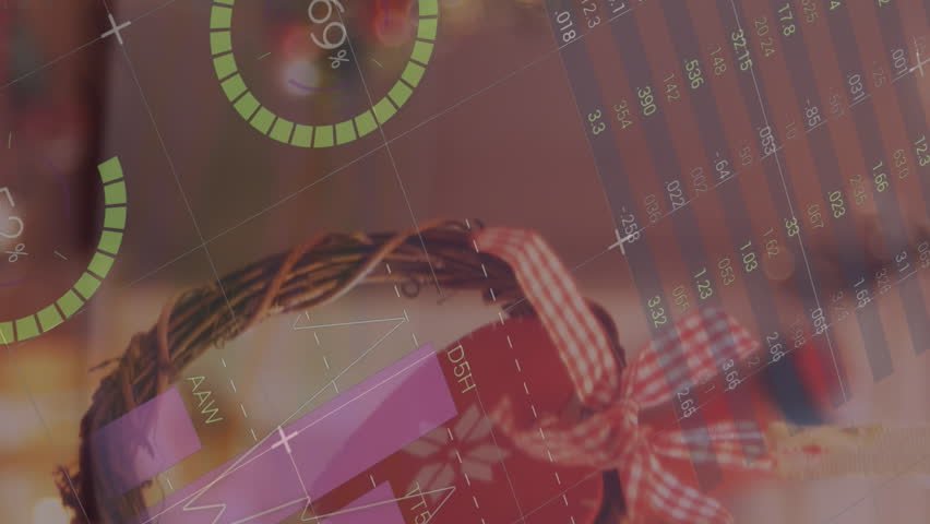 Animation of graphs and numbers over christmas decoration. christmas, celebration, data processing and technology concept digitally generated video. - Powered by Shutterstock - Get 15% off with code: PIKWIZARD15