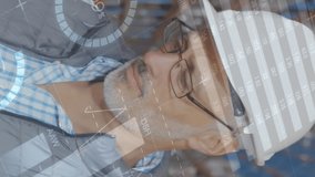 Statistical data processing over portrait of caucasian senior male supervisor smiling at warehouse. logistics and transportation business concept - Powered by Shutterstock - Get 15% off with code: PIKWIZARD15