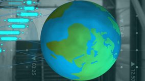 Animation of graphs, grids with icons moving on blue globe against old building interior. Digital composite, global business, technology, finance, economy, development, architecture. - Powered by Shutterstock - Get 15% off with code: PIKWIZARD15