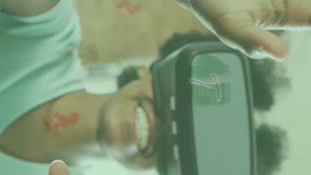 Animation of letters and numbers falling over african american woman wearing vr headset. Global education, learning and data processing concept digitally generated video. - Powered by Shutterstock - Get 15% off with code: PIKWIZARD15