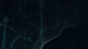 Animation of connected icons over wave pattern against graph and globe on black background. Digitally generated, hologram, communication, globalization, report and business concept. - Powered by Shutterstock - Get 15% off with code: PIKWIZARD15