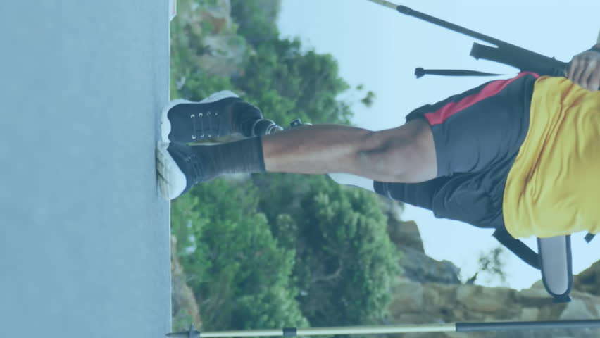 Animation of mathematical data processing over man with prosthetic leg walking. Global computing, digital interface and data processing concept digitally generated video. - Powered by Shutterstock - Get 15% off with code: PIKWIZARD15