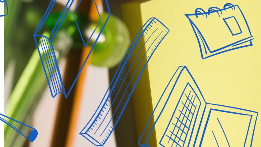 Animation of blue doodles of school equipment scrolling over stationery on desk. school, education and study concept digitally generated animation.