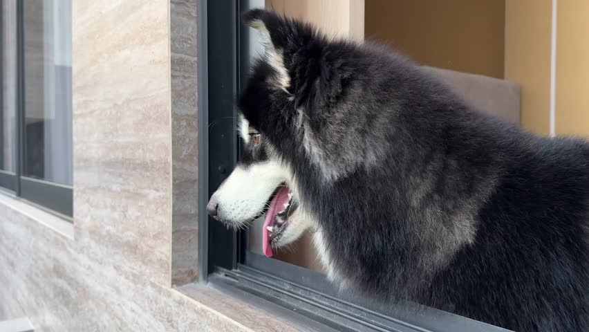 Footage video of alaskan malamute dog looking out of window with tongue sticking out. Alaskan malamute dog excited to play and greet people with its warm smile and cute face.