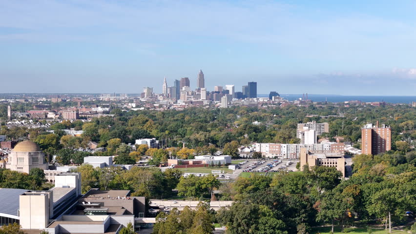 Drone Shot of Downtown Cleveland Ohio USA Towers and Buildings From Eastern Suburbs