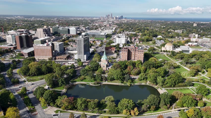 Suburbs of Cleveland, Ohio USA, Drone Shot of University Circle United Methodist Church and Wade Lagoon