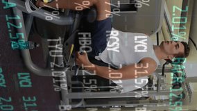 Man exercising on leg press machine with financial data animation overlay. Fitness, workout, gym, finance, analytics, technology - Powered by Shutterstock - Get 15% off with code: PIKWIZARD15