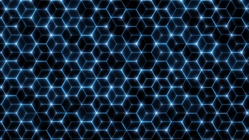 Video overlay glowing hexagonal grid on black background for sci-fi blockchain biotech and futuristic concept