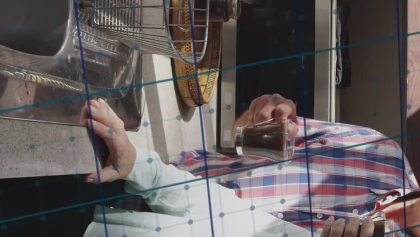 Animation of multiple graphs and grid pattern over senior caucasian couple enjoying coffee. Digital composite, multiple exposure, report, business, beverage, love and togetherness concept. - Powered by Shutterstock - Get 15% off with code: PIKWIZARD15