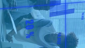 Animation of graphs and changing numbers over diverse coworkers discussing reports on desk. Digital composite, multiple exposure, business, planning, growth and teamwork concept. - Powered by Shutterstock - Get 15% off with code: PIKWIZARD15