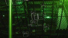 Data processing animation over green-lit server room with floating code screens. Technology, servers, networking, programming, cybersecurity, information - Powered by Shutterstock - Get 15% off with code: PIKWIZARD15