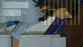 Animation of data processing over caucasian businesswoman at meeting. Global business and digital interface concept digitally generated video. - Powered by Shutterstock - Get 15% off with code: PIKWIZARD15