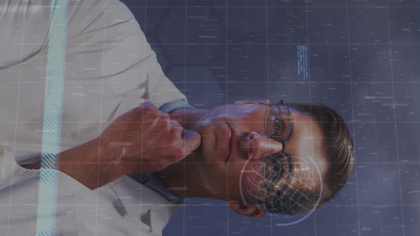 Animation of graphical interface with moving coding and charts over thoughtful caucasian doctor. Digital composite, multiple exposure, hospital, programming data, report, medical and healthcare. - Powered by Shutterstock - Get 15% off with code: PIKWIZARD15