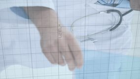 Animation of graphs and increasing numbers over caucasian male doctor examining x-ray report. Digital composite, multiple exposure, report, finance, business, medical and healthcare concept. - Powered by Shutterstock - Get 15% off with code: PIKWIZARD15