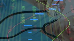 Animation of data processing and statistics over female doctor with stethoscope. medicine, digital interface and data processing concept digitally generated video. - Powered by Shutterstock - Get 15% off with code: PIKWIZARD15