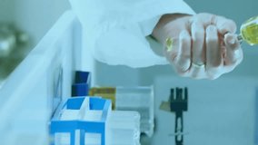 Animation of eye icon over caucasian male scientist taking sample in lab. Global science and digital interface concept digitally generated video. - Powered by Shutterstock - Get 15% off with code: PIKWIZARD15