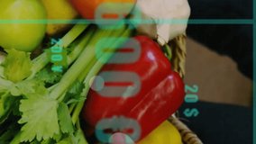Animation of graph processing data over caucasian man carrying vegetables in shop. Connection, food, nutrition, healthy lifestyle, digital interface and communication, digitally generated video. - Powered by Shutterstock - Get 15% off with code: PIKWIZARD15