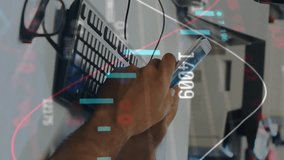 Animation of charts and processing data over businessman at office using smartphone. Connection, business, digital interface and global communication, digitally generated video. - Powered by Shutterstock - Get 15% off with code: PIKWIZARD15