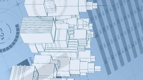 Digital animation of white 3D blueprint model of a city rotating in the foreground. The background has graphs and statistics moving across towards the left - Powered by Shutterstock - Get 15% off with code: PIKWIZARD15