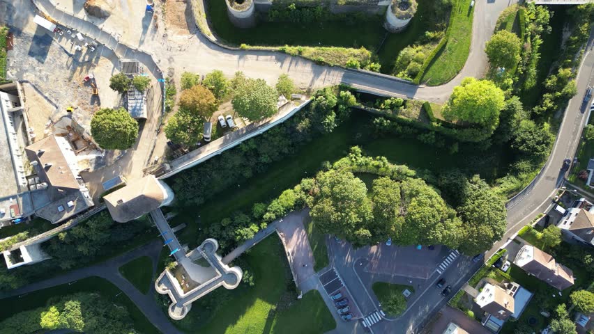 Aerial view of Caen Castle in ruins, France.