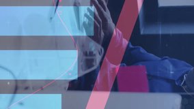 Animation of financial data processing over businessman with face mask using computer in office. global business and digital interface during covid 19 pandemic concept digitally generated video. - Powered by Shutterstock - Get 15% off with code: PIKWIZARD15