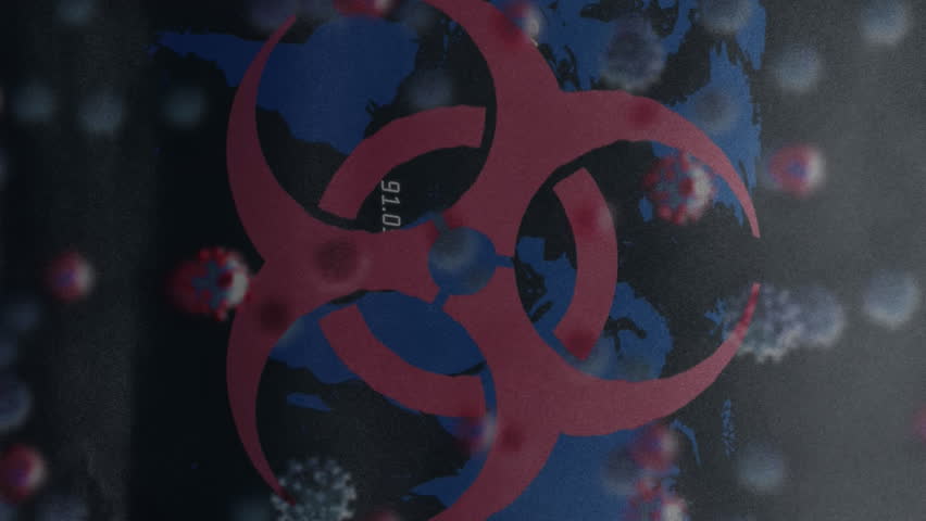 Animation of biohazard symbol, covid 19 cells moving over world map in background. global covid 19 pandemic, data processing and digital interface concept digitally generated video. - Powered by Shutterstock - Get 15% off with code: PIKWIZARD15