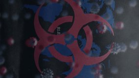 Animation of biohazard symbol, covid 19 cells moving over world map in background. global covid 19 pandemic, data processing and digital interface concept digitally generated video. - Powered by Shutterstock - Get 15% off with code: PIKWIZARD15
