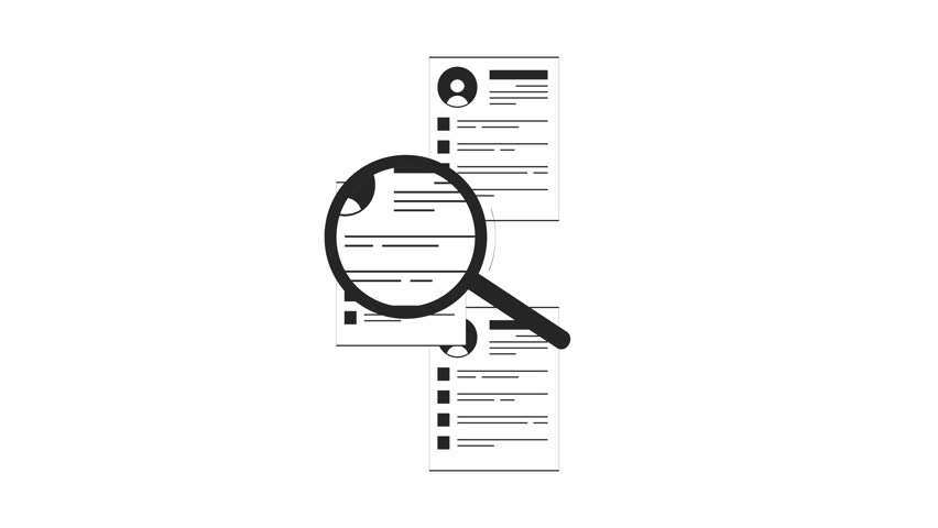 Candidate search with magnifying glass over resumes outline 2D object doodle animation. Recruitment loupe. Talent acquisition animated item isolated on white. Monochrome linear drawing 4K video