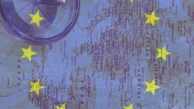 Animation of european union flag over map of europe and compass. european union and geography concept digitally generated video. - Powered by Shutterstock - Get 15% off with code: PIKWIZARD15