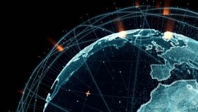 A digital Earth rotates with glowing data streams and fiery pulses over North America, symbolizing cyber activity, satellite tracking, or global surveillance in a futuristic virtual network. - Powered by Shutterstock - Get 15% off with code: PIKWIZARD15