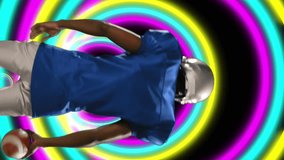 African american male rugby player holding rugby ball and neon circular shapes in seamless pattern. sports and technology concept - Powered by Shutterstock - Get 15% off with code: PIKWIZARD15