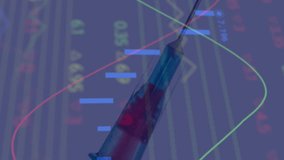 Animation of data processing over syringe. Global medicine, vaccination, healthcare and data processing concept digitally generated video. - Powered by Shutterstock - Get 15% off with code: PIKWIZARD15