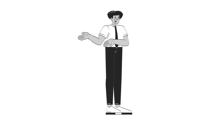 Friendly latino male office worker explaining with gesture outline 2D character doodle animation. Cheerful hispanic man business casual animated person isolated on white. Linear drawing 4K video