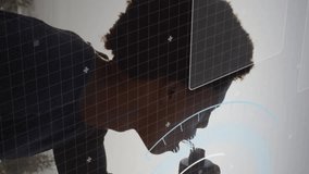 Animation of data processing over african american man drinking water. Global business and digital interface concept digitally generated video. - Powered by Shutterstock - Get 15% off with code: PIKWIZARD15