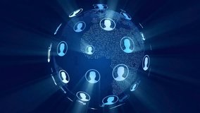 A glowing digital globe rotates, showcasing interconnected user icons symbolizing a global network of communication, data sharing, and virtual collaboration across continents in real-time. - Powered by Shutterstock - Get 15% off with code: PIKWIZARD15