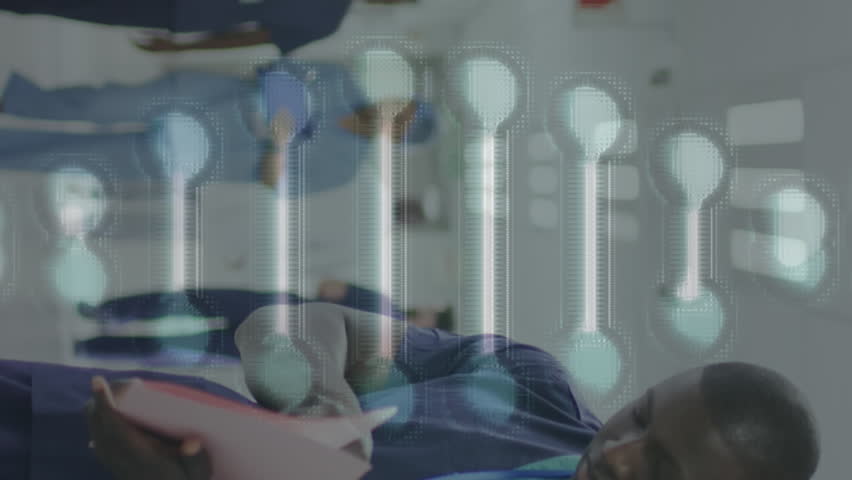 Animation of dna strand and maths formulae over african american male doctor with file in hospital. Medical and healthcare services concept digitally generated video. - Powered by Shutterstock - Get 15% off with code: PIKWIZARD15