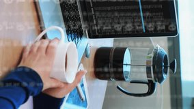 Animation of icons, connections and data processing over woman using electronic devices in office. Global digital interface, cloud computing and data processing concept digitally generated video. - Powered by Shutterstock - Get 15% off with code: PIKWIZARD15