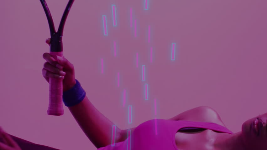 Animation of data processing over african american female tennis player. Global video game, digital interface and data processing concept digitally generated video. - Powered by Shutterstock - Get 15% off with code: PIKWIZARD15