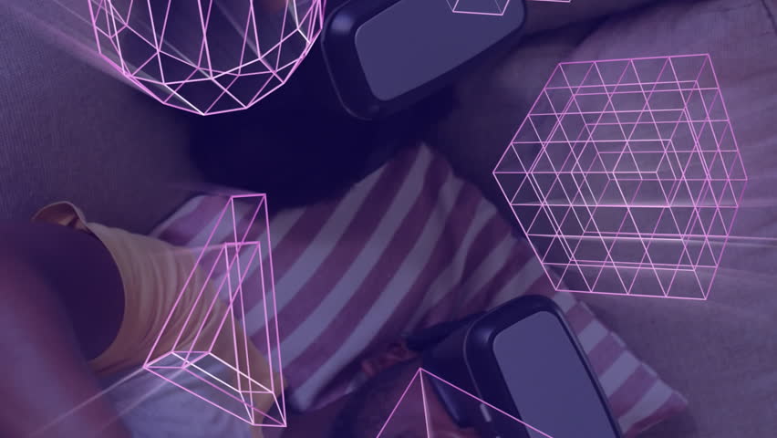 Animation of glowing 3d shapes over african american father and daughter using vr headset. Global virtual reality, computing, digital interface and data processing concept digitally generated video. - Powered by Shutterstock - Get 15% off with code: PIKWIZARD15