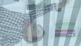 Animation of financial data processing over schoolchildren working in an office together, catching falling American dollar bills. Education business economy interface concept digital composite. - Powered by Shutterstock - Get 15% off with code: PIKWIZARD15