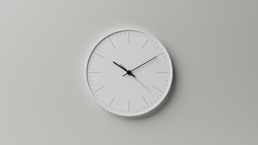Close-up time-lapse of minimalist classic black wall clock, neutral light white background, soft sunlight, analog clock rapid passage of time, fast-forward timelapse, zoom in effect
