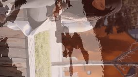 Animation of asian woman in hijab using tablet in street over world map. communication technology and keeping in touch, digitally generated video. - Powered by Shutterstock - Get 15% off with code: PIKWIZARD15