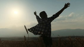 Silhouette of a young man in an open shirt standing in a wheat field at sunset, raising his arms in joy among high mountains. A happy, life-loving person enjoying a moment of freedom and peace. - Powered by Shutterstock - Get 15% off with code: PIKWIZARD15