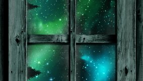 Animation of window with green christmas and new year fireworks exploding in starry night sky. christmas, new year, celebration, party and tradition concept digitally generated video. - Powered by Shutterstock - Get 15% off with code: PIKWIZARD15