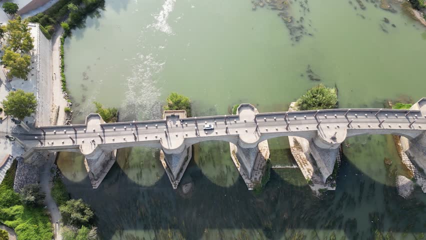 Aerial view of a bridge over the river, Spain.