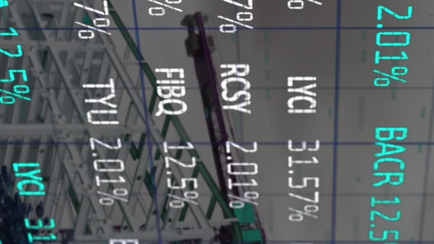 Animation of crane at construction site, financial data processing and statistics. global development, business, digital interface and data processing concept digitally generated video. - Powered by Shutterstock - Get 15% off with code: PIKWIZARD15