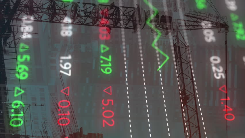 Animation of crane at construction site, financial data processing and statistics. global development, business, digital interface and data processing concept digitally generated video. - Powered by Shutterstock - Get 15% off with code: PIKWIZARD15