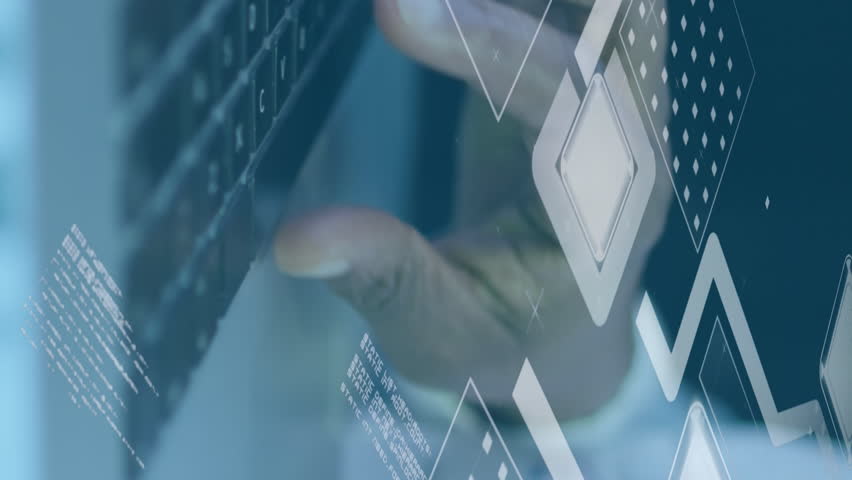 Animation of data processing over hands using laptop in server room. Global business and digital interface concept digitally generated video. - Powered by Shutterstock - Get 15% off with code: PIKWIZARD15