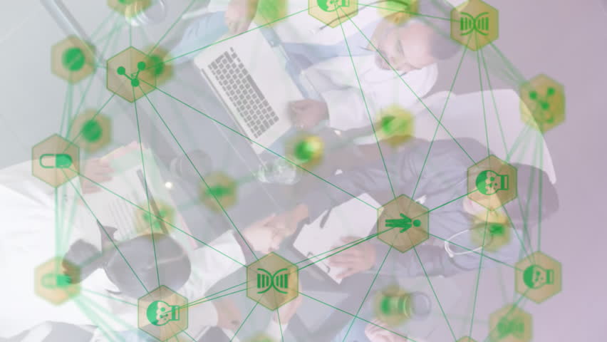 Animation of network of connection with interface medical icons over male and female scientist doctors sitting at table during meeting. Global networking science and research concept digital composite - Powered by Shutterstock - Get 15% off with code: PIKWIZARD15